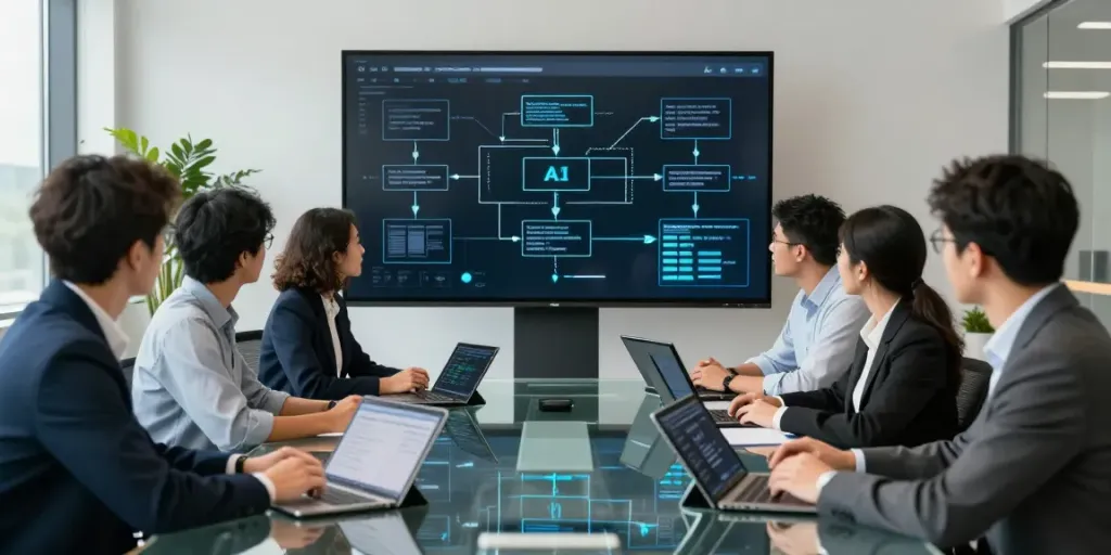 Team collaborating on an Enterprise AI strategy in a modern conference room.