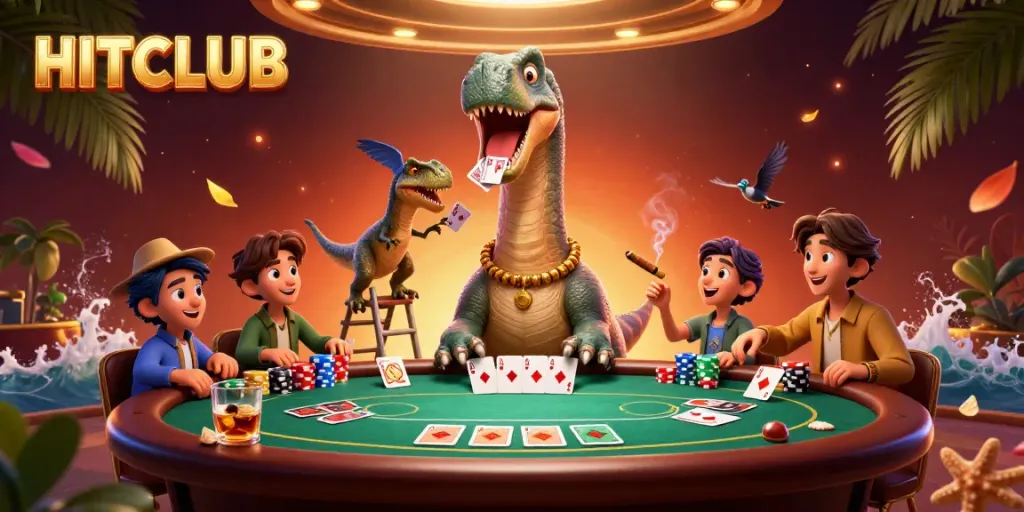 HITCLUB scene showcasing a giant brontosaurus and raptor dealer at a vibrant casino poker table.