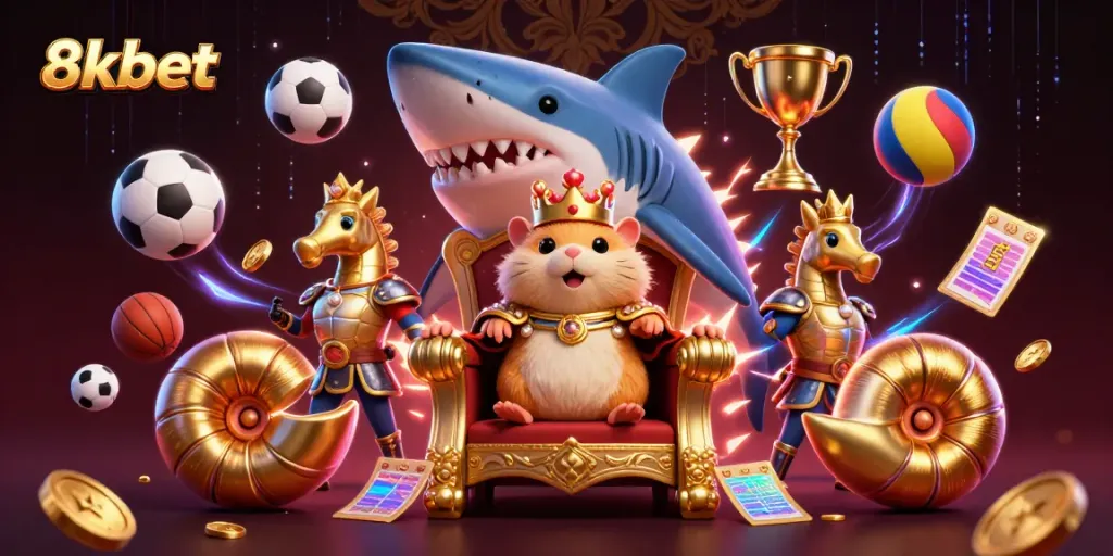 Engage with 8xbet's thrilling gaming atmosphere highlighted by a vibrant casino scene featuring a hamster king and dynamic sports elements.