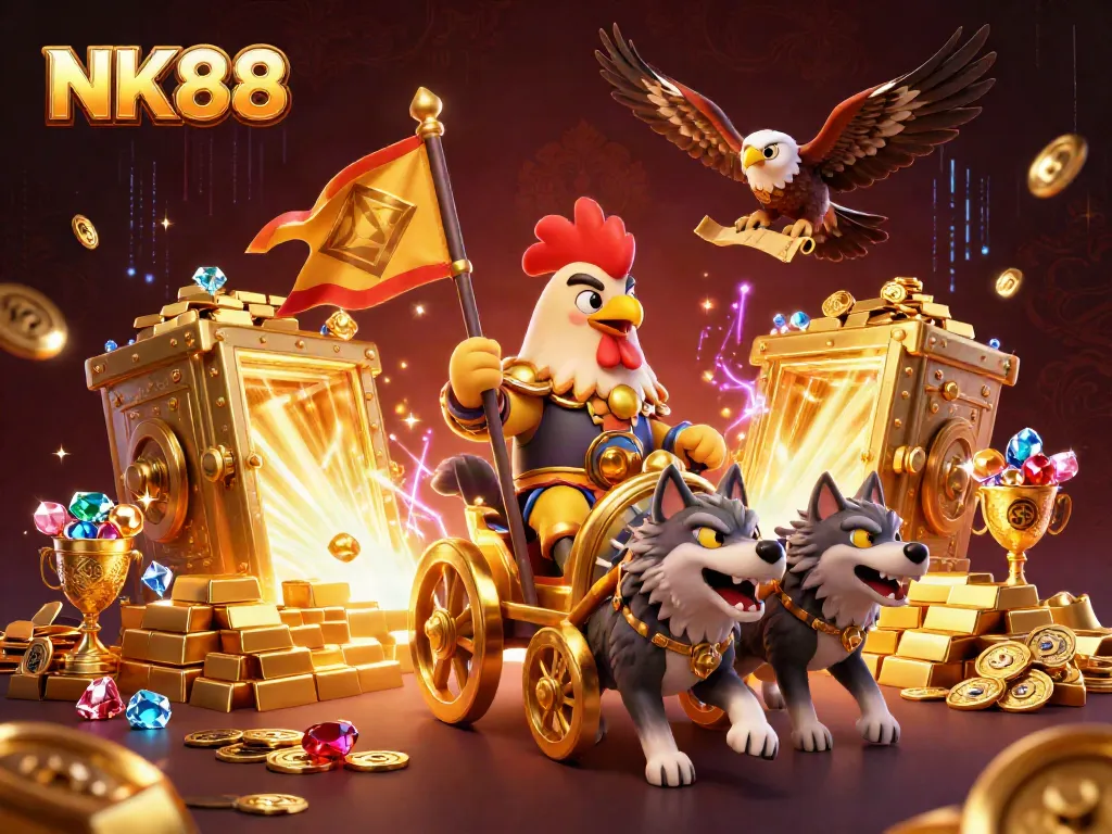 Engage with thrilling gameplay at NK88 casino, showcasing dynamic characters and vibrant treasures.