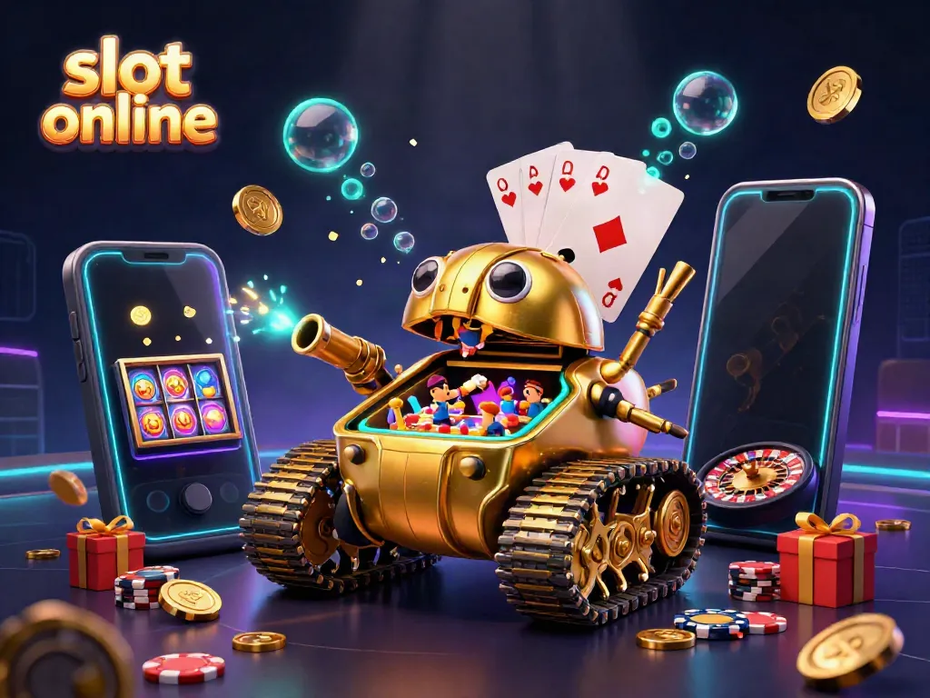 Engage in exciting slot online gameplay with colorful visuals, featuring a golden beetle tank with a mini-casino.