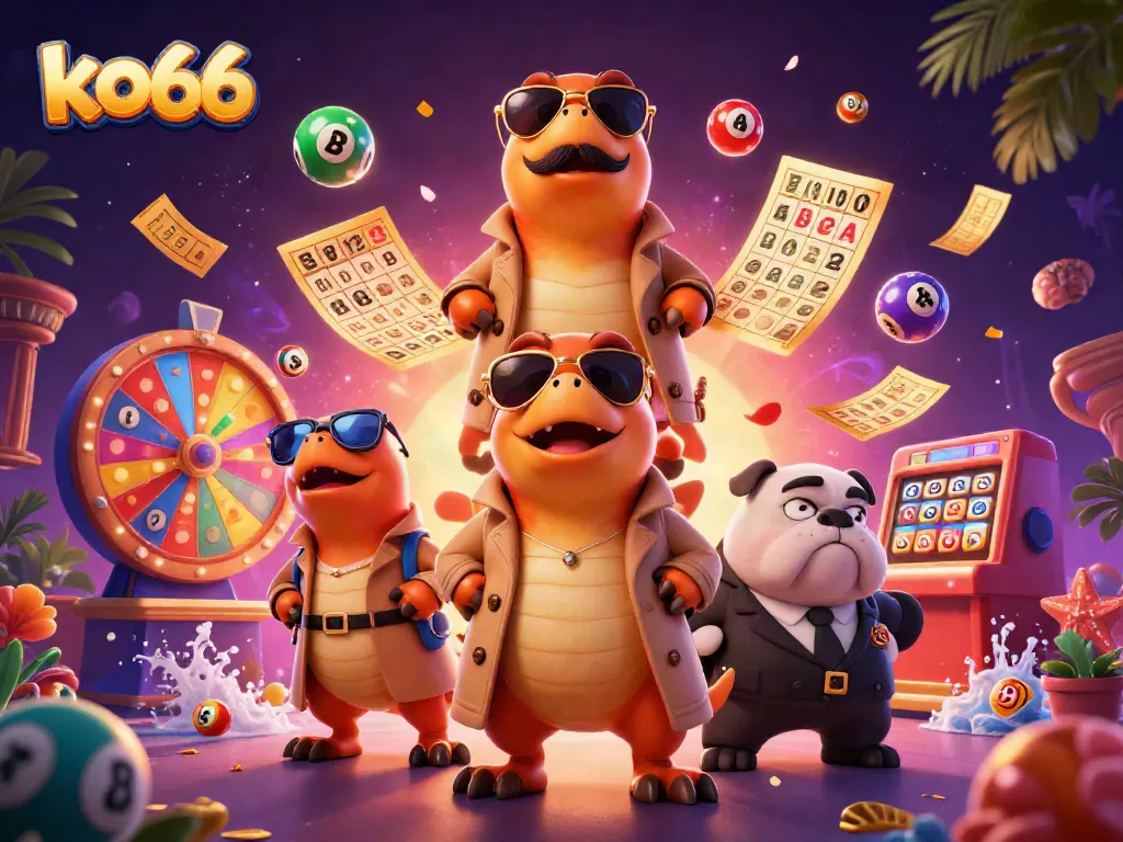 Engage with ko66 in a vibrant 3D casino illustration showing playful raptors entering a gaming lounge.