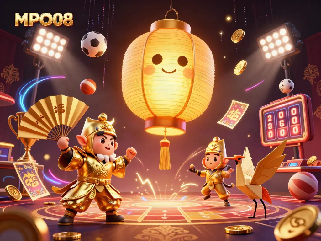 Engage in thrilling MPO08 gaming with a vibrant scene of action and fortune in a night market casino.