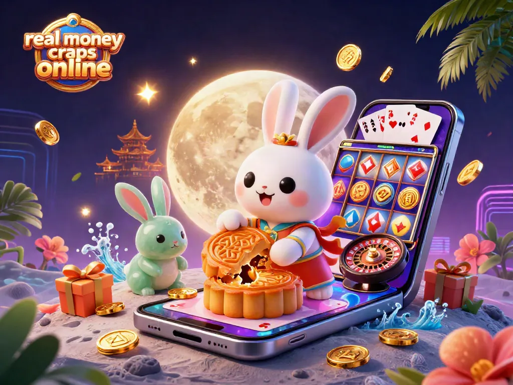 Experience real money craps online with excitement on the lunar surface alongside animated characters and casino elements.