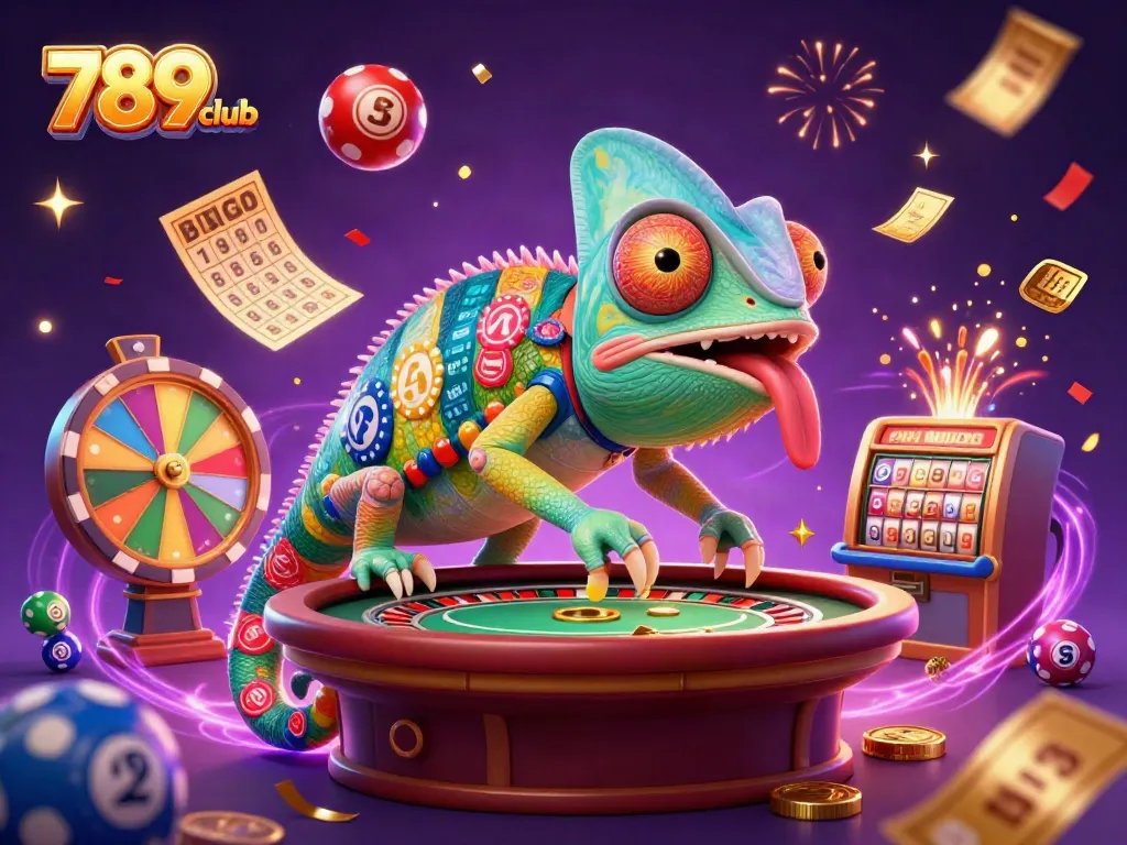 Experience thrilling games at 789club with vibrant casino elements, featuring a colorful chameleon owner.