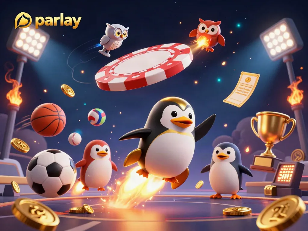 Place a parlay bet with a dynamic illustration featuring sports elements, a joyful penguin, and vibrant casino visuals.