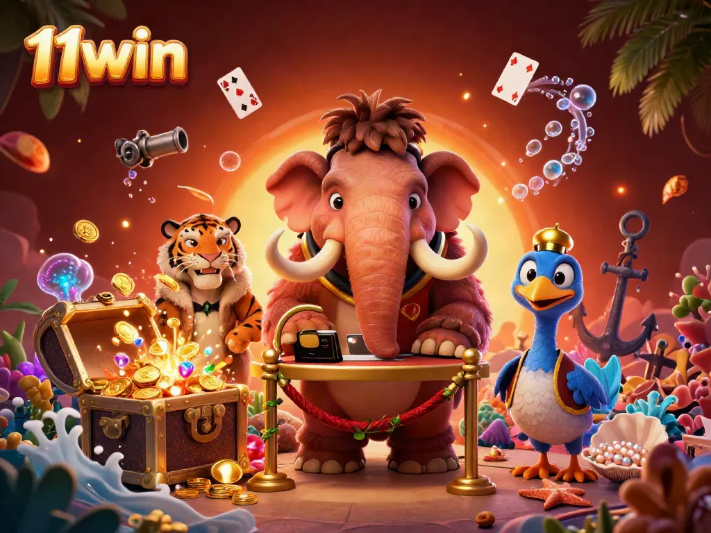 Experience the excitement of 11win with vibrant casino characters and treasures in a dynamic 3D scene.
