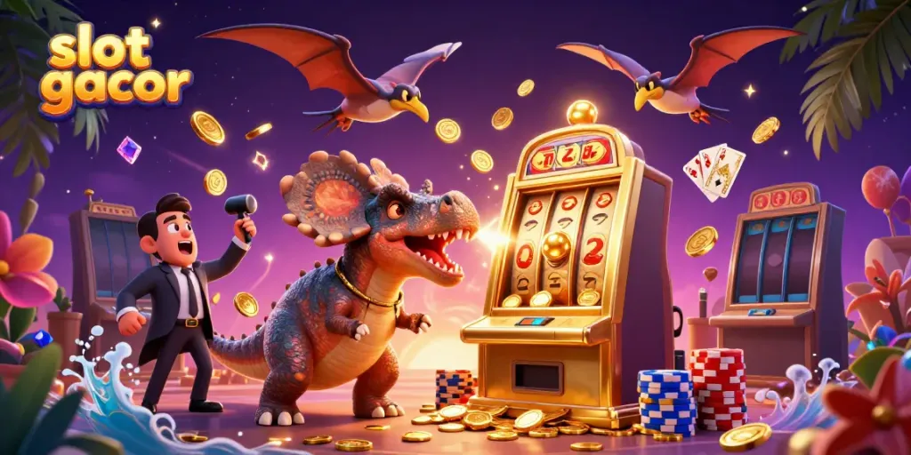 Experience the thrill of slot gacor action with a pachycephalosaurus and a pteranodon in a vibrant jackpot scene.