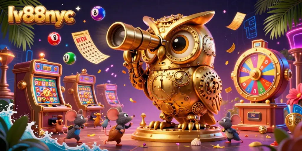 Experience the excitement at lv88nyc with a vibrant casino scene featuring a golden owl and animated mice.