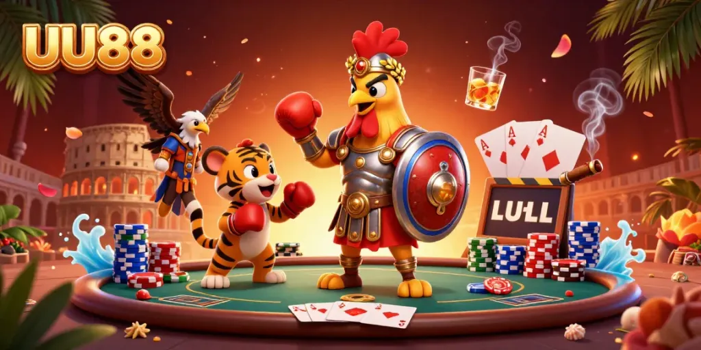 Experience the excitement of UU88 as a gladiator rooster competes in a captivating casino arena.
