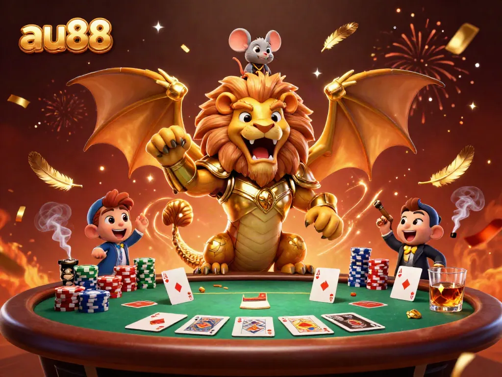 Players experience thrilling action at au88 casino with vibrant 3D illustration of a chimera and poker elements.