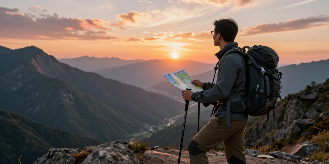 Viajero admirando el atardecer desde la cima de la montaña, mostrando una experiencia única en etb.