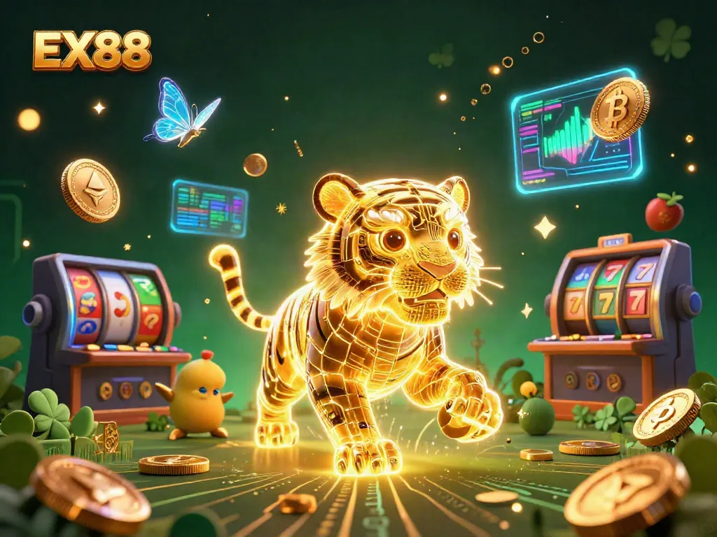 Experience the thrill of EX88 in this vibrant casino scene filled with neon energy and exciting game elements.