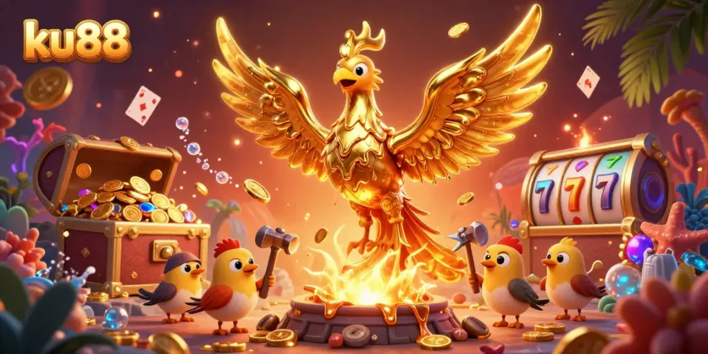 Experience thrilling slots at ku88 with an ultra-detailed 3D illustration showcasing a golden phoenix and exciting casino elements.