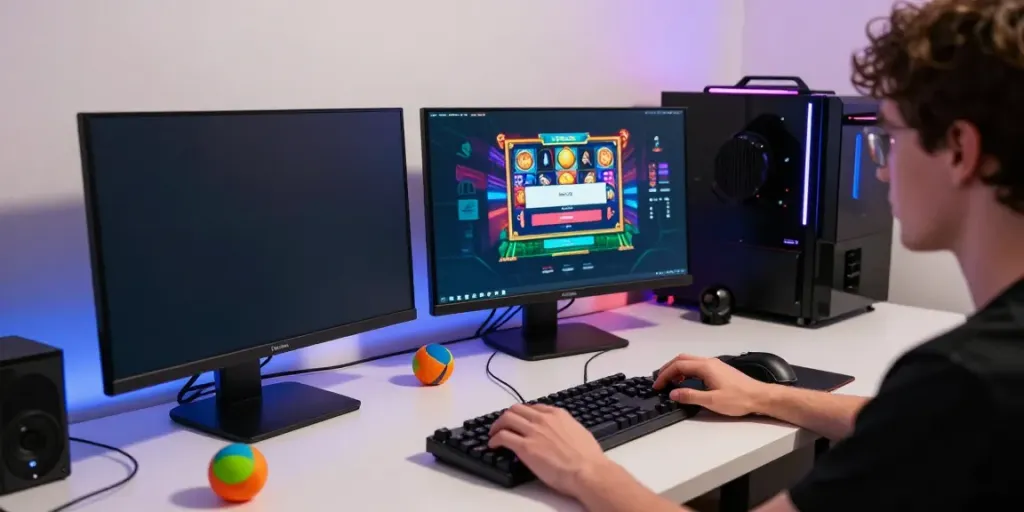 Bro138 login interface shown on a vibrant gaming monitor with accessories in a stylish setup.