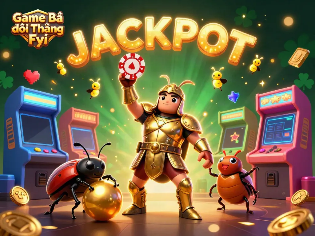 Engage with Game Bài Đổi Thưởng Fyi as a victorious beetle lifts a winning poker chip in a vibrant casino scene.