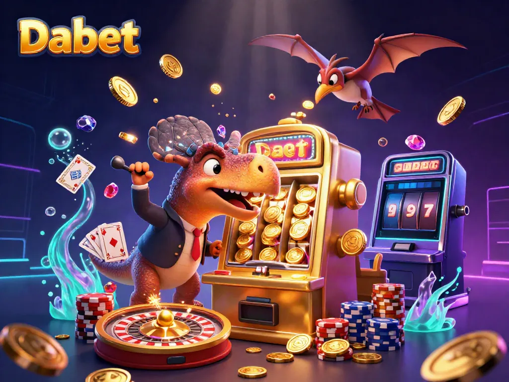 Dabet showcases a vibrant scene with dynamic characters celebrating a jackpot, symbolizing excitement and victory in online gaming.