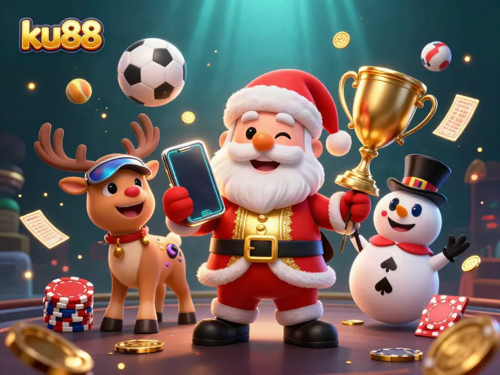 ku88 promotes exciting jackpots with Santa and friends in a vibrant 3D casino scene.