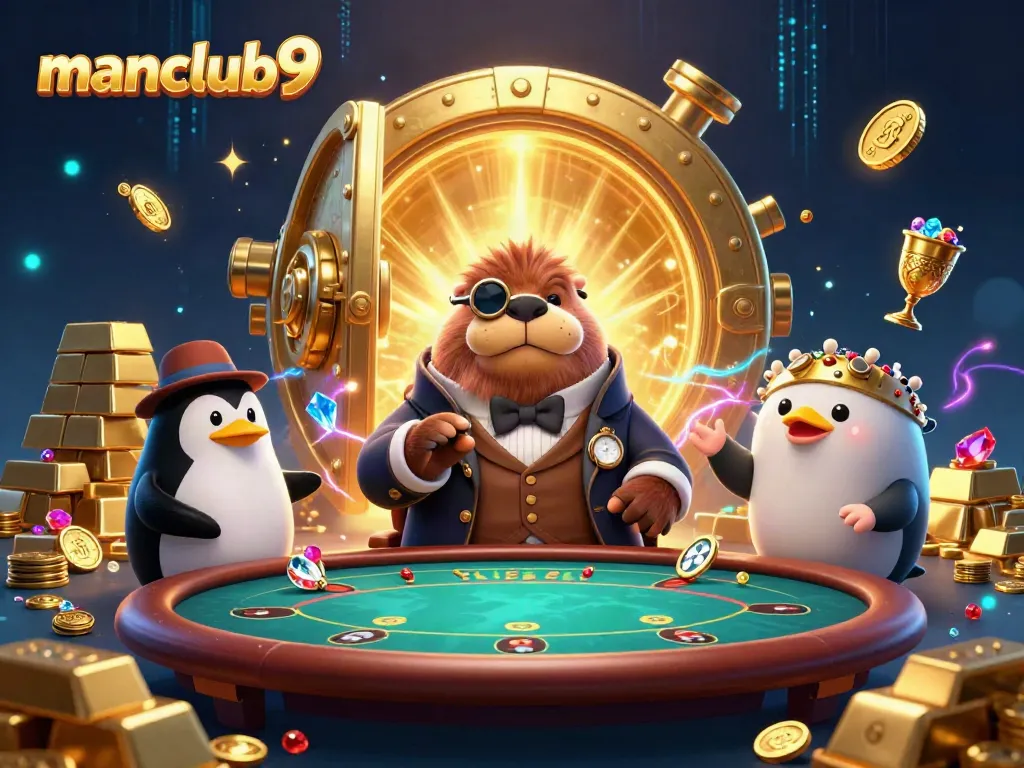 Experience exciting poker action with manclub9's vibrant casino scene featuring a jolly walrus and friends.