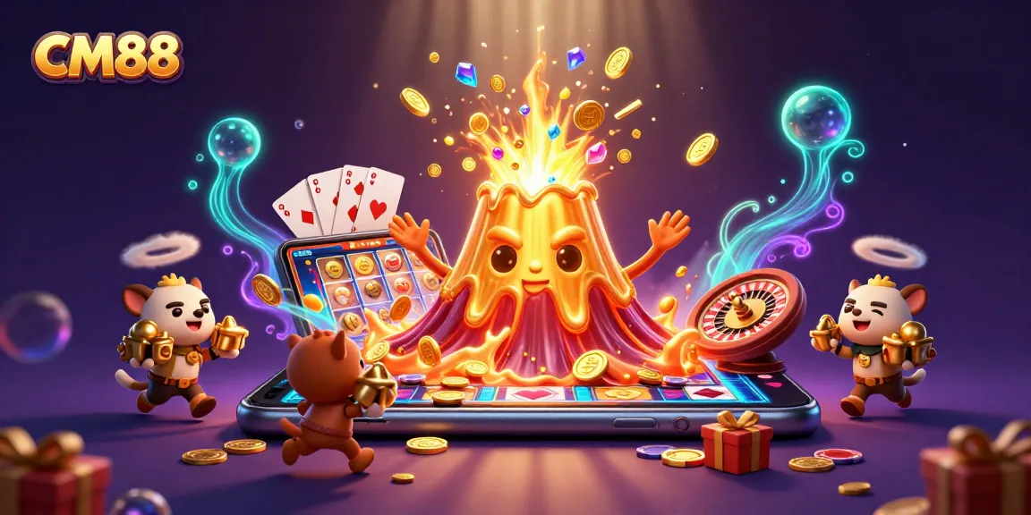 Experience the thrill at CM88 with a golden volcano erupting treasure alongside vibrant slot games.