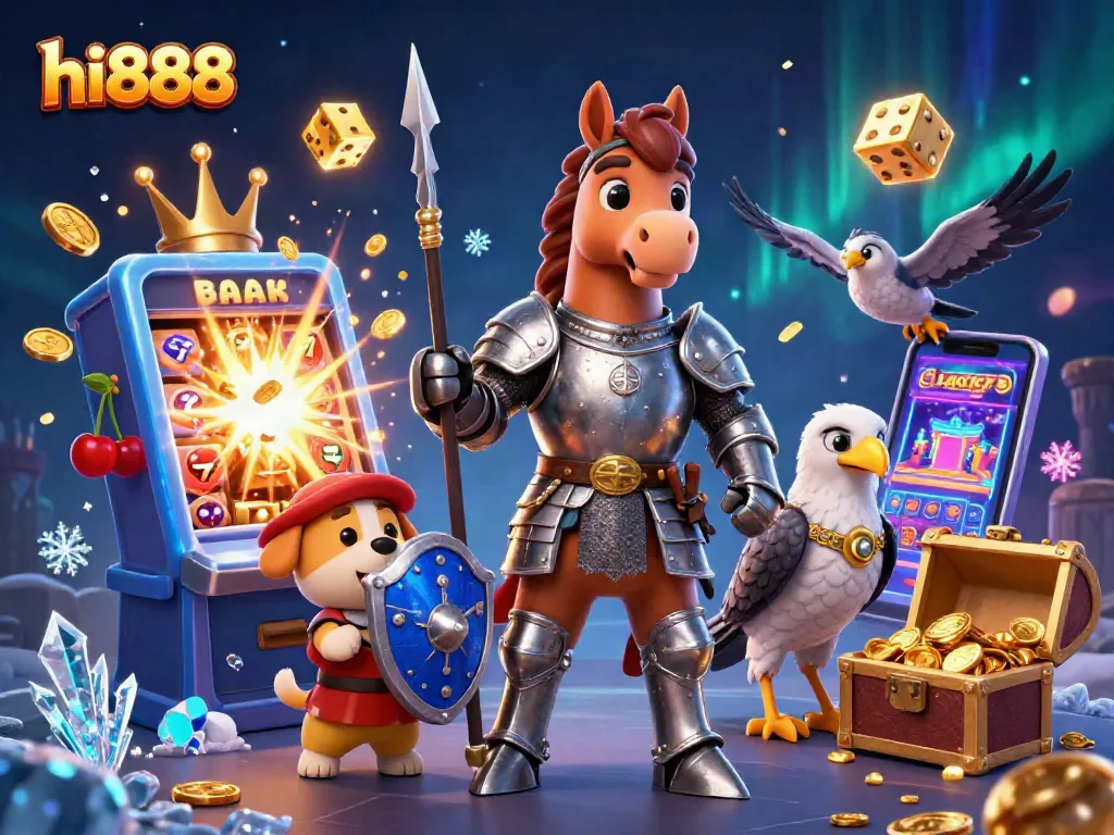Experience entertaining wins at hi888 with a vibrant casino scene featuring a knight, a puppy, and dynamic gaming elements.