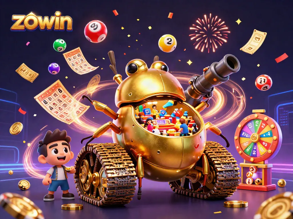Zowin showcases thrilling gameplay within a golden beetle tank casino, featuring lively lottery elements.