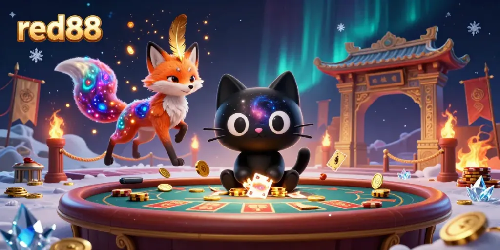 Experience cosmic gaming with red88's captivating black hole cat and nebula fox illustration.