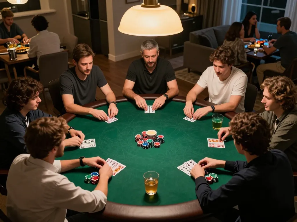Engaging poker game scene illustrating strategic gameplay at home, showcasing nhacaiuytinn.