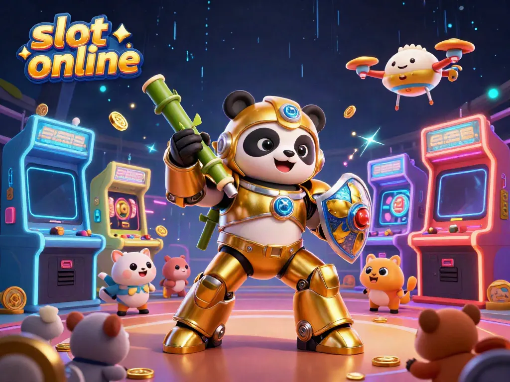 Experience thrilling action with golden panda mech in slot online arena with glowing games and cheers.
