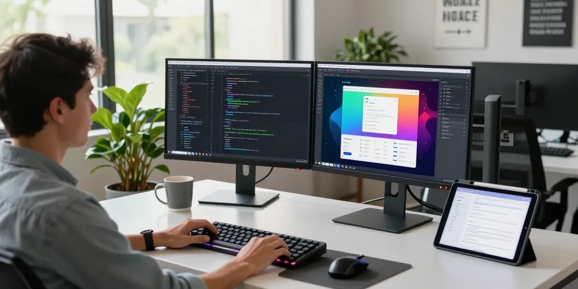 Build internal tools with AI in a vibrant software development workspace showcasing coding activity and modern tools.