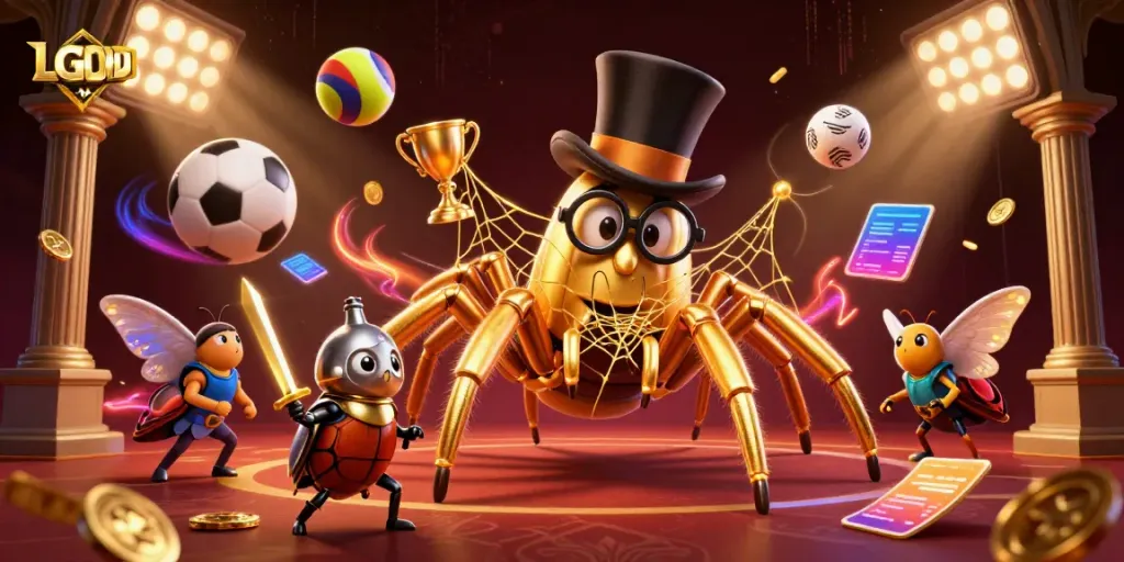 Experience thrilling gaming with LGODEWA in this vibrant 3D casino scene featuring a golden tarantula and beetle knight.