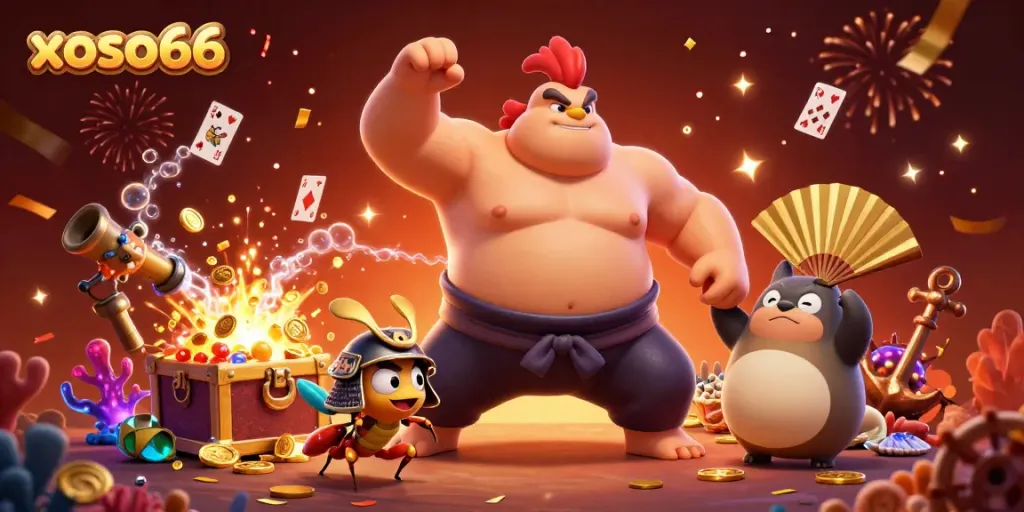 Experience thrilling winnings with xoso66: a vibrant casino scene featuring dynamic characters and dazzling treasures.