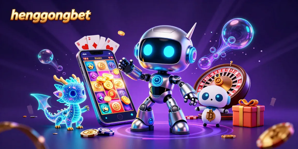 Experience the excitement of hengongbet with a vibrant 3D illustration featuring a cyberpunk mascot and gaming elements.
