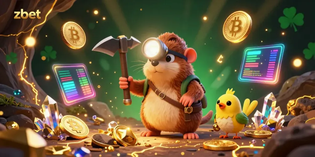 Engage with the thrilling world of zbet through this vibrant 3D cartoon illustration showcasing a treasure hunter mole amidst crypto coins and glowing gems.