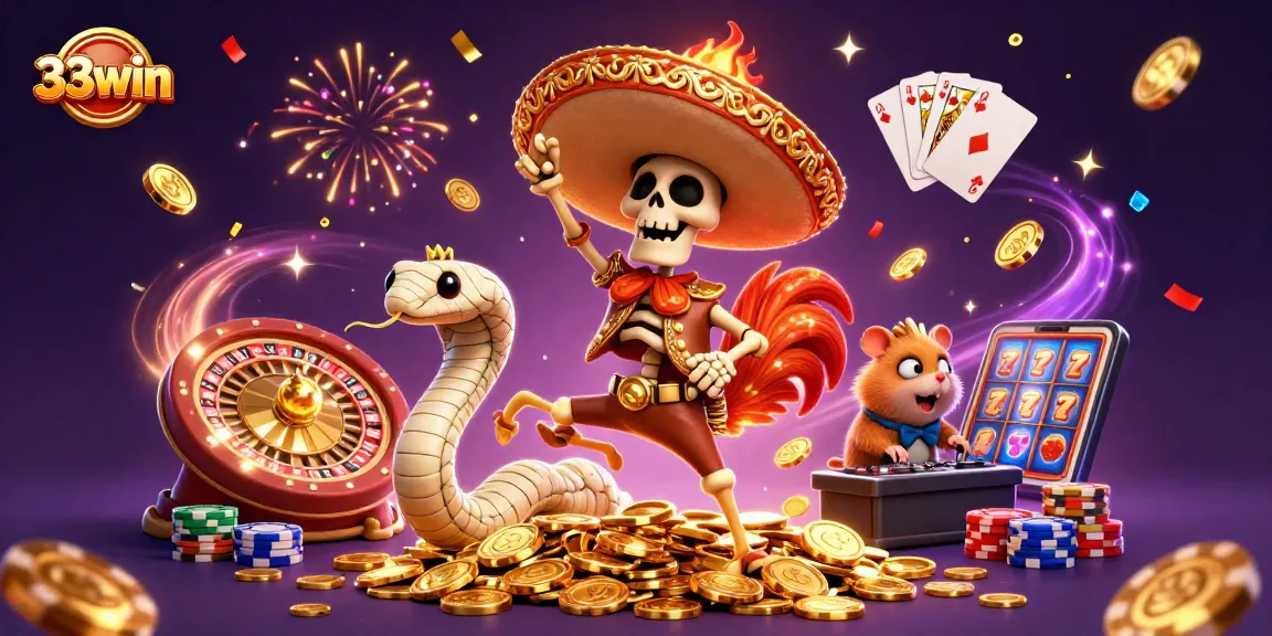 Experience excitement at 33win with vibrant 3D digital casino characters amidst a festive backdrop.