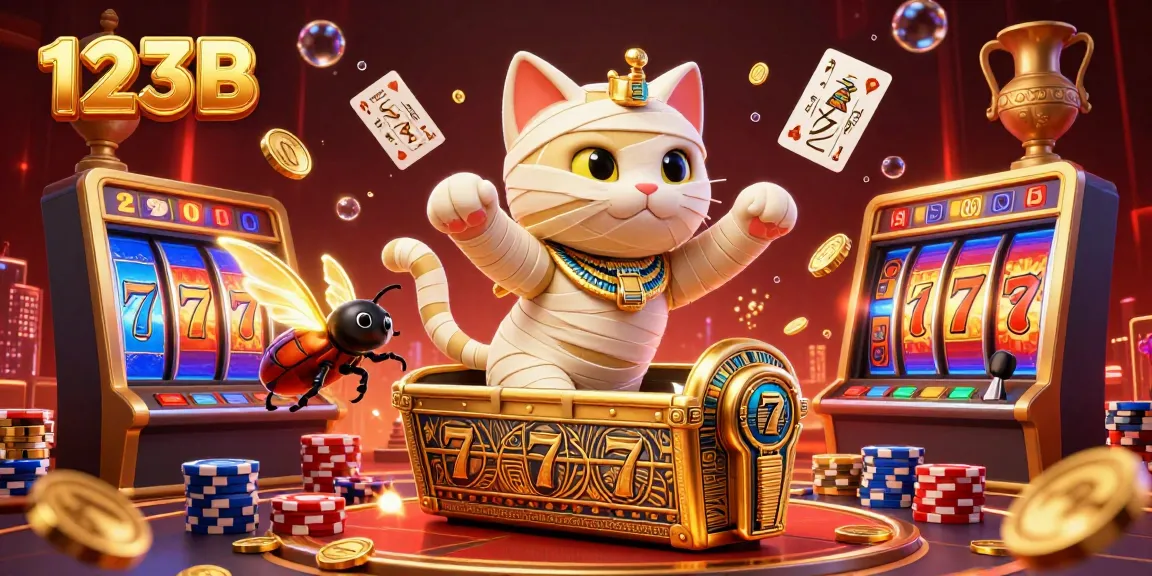 Experience the thrilling atmosphere of 123B with a dynamic scene featuring a mummy cat and a scarab beetle amidst vibrant casino lights, captivating card elements, and engaging slot motifs.