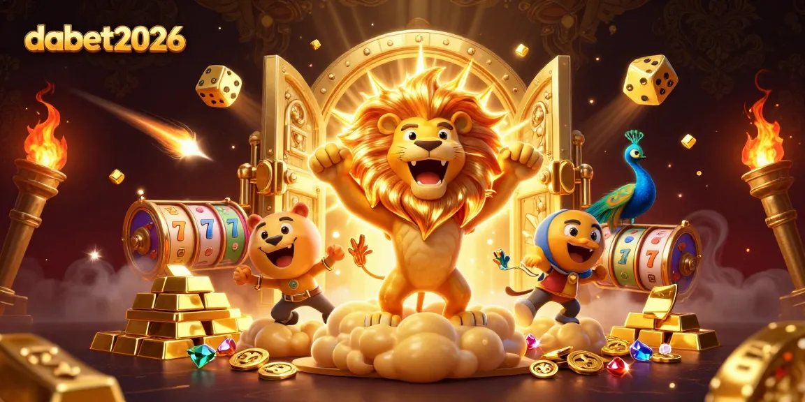 Experience the excitement of dabet2026 with slot reels and golden treasures in a vibrant casino illustration.