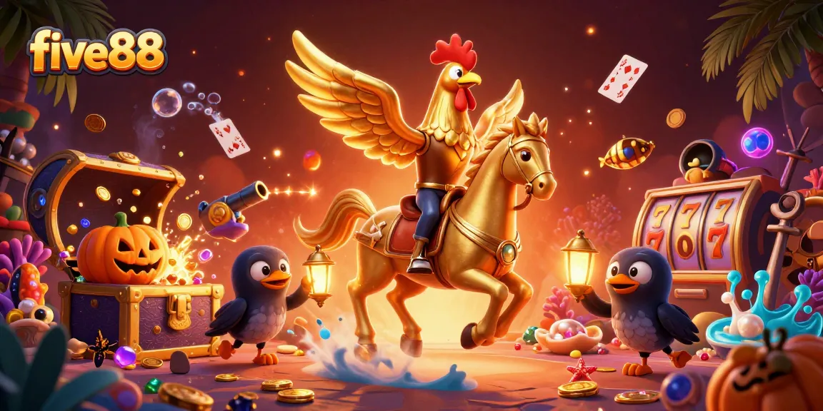 Engage in thrilling gameplay at five88, featuring vibrant casino elements with a golden rooster and spectral horse.