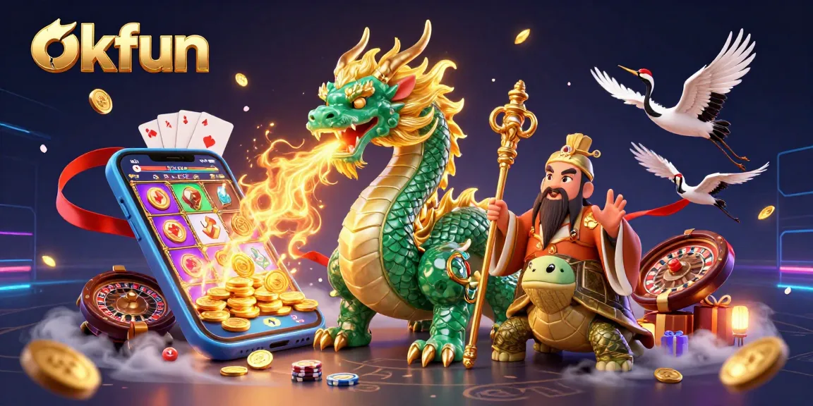 Engage in thrilling gameplay at okfun with a majestic dragon and vibrant casino elements.