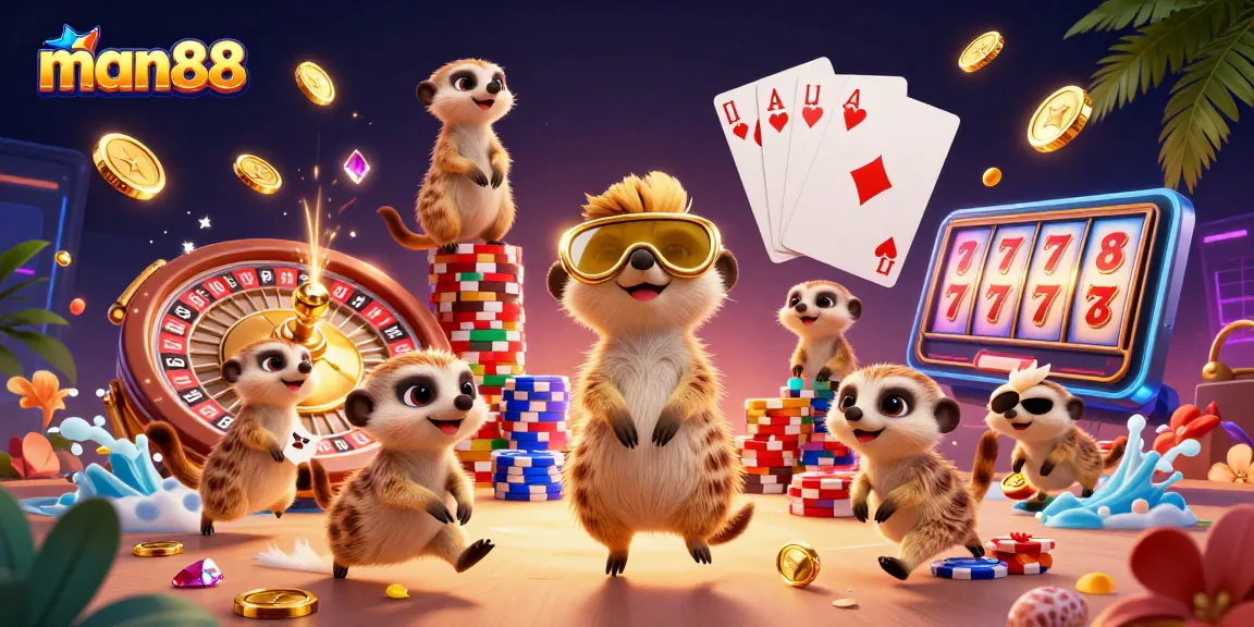 Join the thrilling scene at man88 casino with meerkats managing games and cash in dynamic action.