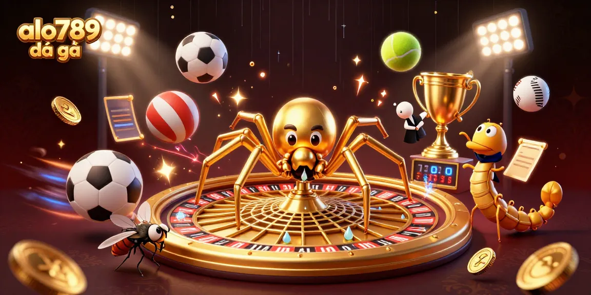 Engage in thrilling alo789 đá gà action with a dynamic 3D illustration of a spider dealer and betting fly.