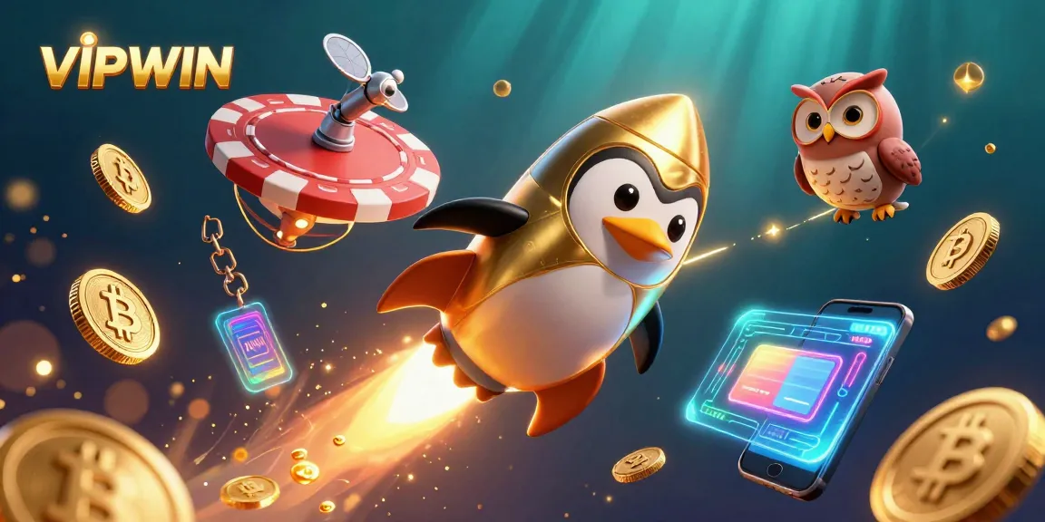 Experience thrilling gameplay at VIPWIN with a golden penguin headed for a poker chip casino in space.