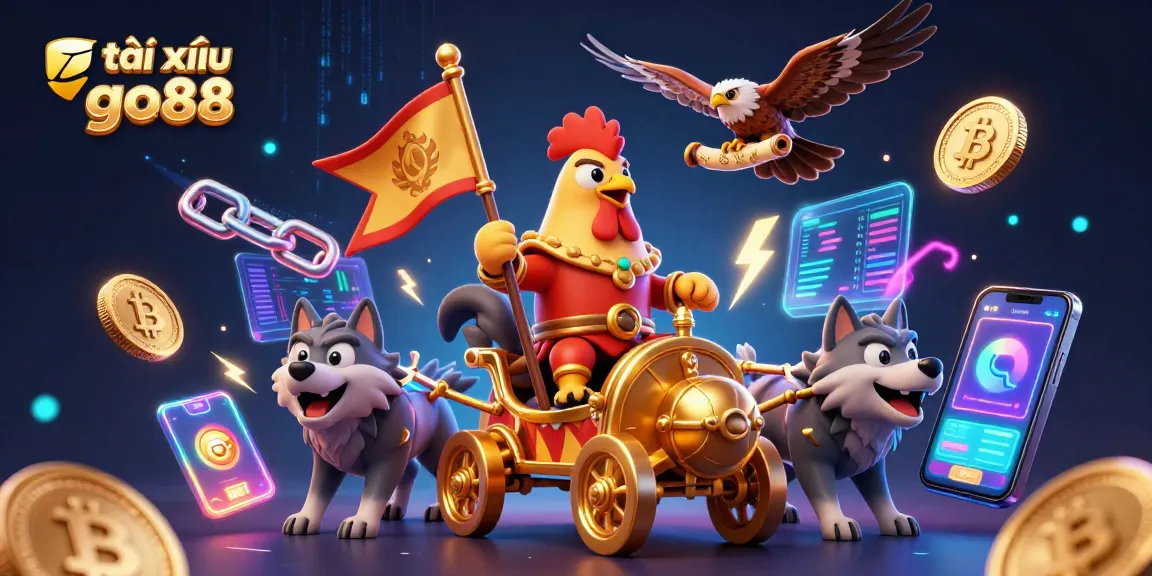 Engage in tài xỉu go88 excitement with a dynamic illustration featuring a rooster warlord leading a crypto-themed adventure.