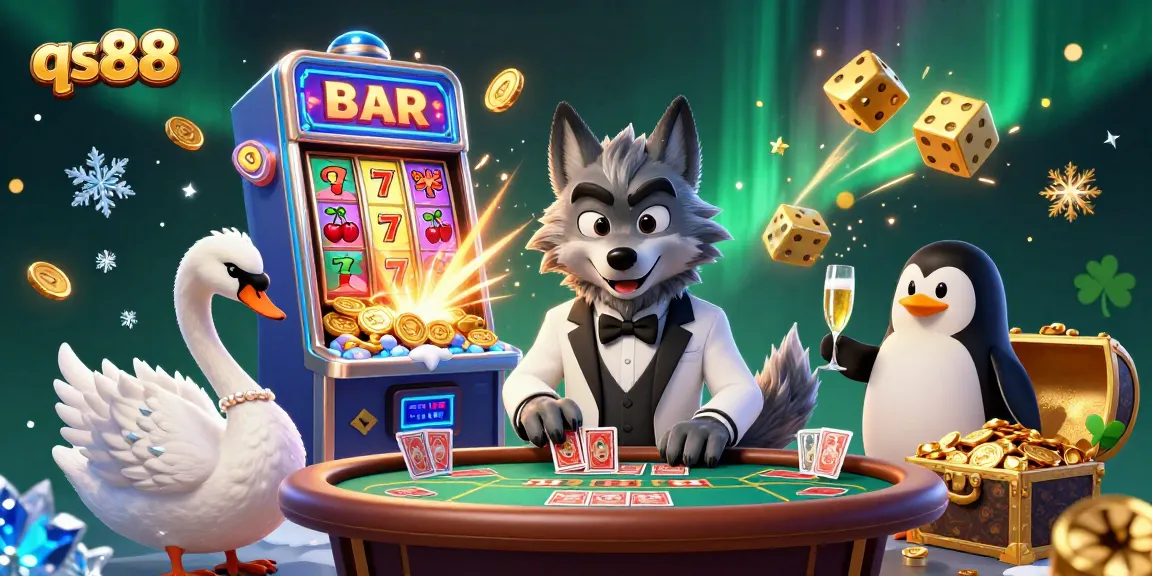 Experience the excitement at qs88 with vibrant casino elements and charming characters in a dynamic scene.