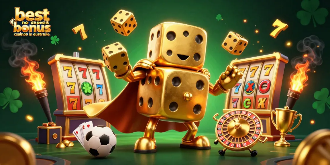 The vibrant scene showcases the best no deposit bonus casinos in Australia, featuring dynamic gaming elements and cartoon characters.
