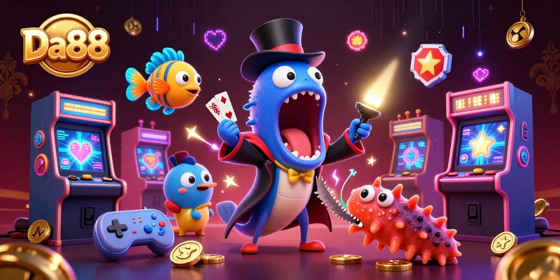 Experience the magic of Da88 with vibrant casino-themed 3D characters performing tricks.