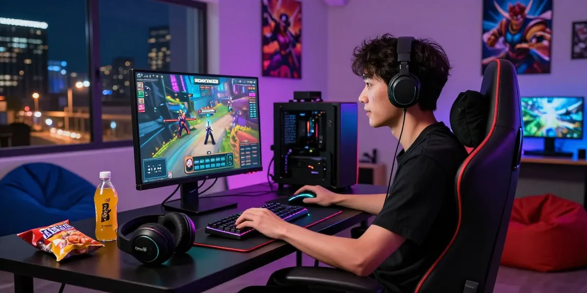 Gamer engaged in intense gameplay on the ROKOK88 platform, showcasing a modern gaming setup with vibrant lighting.