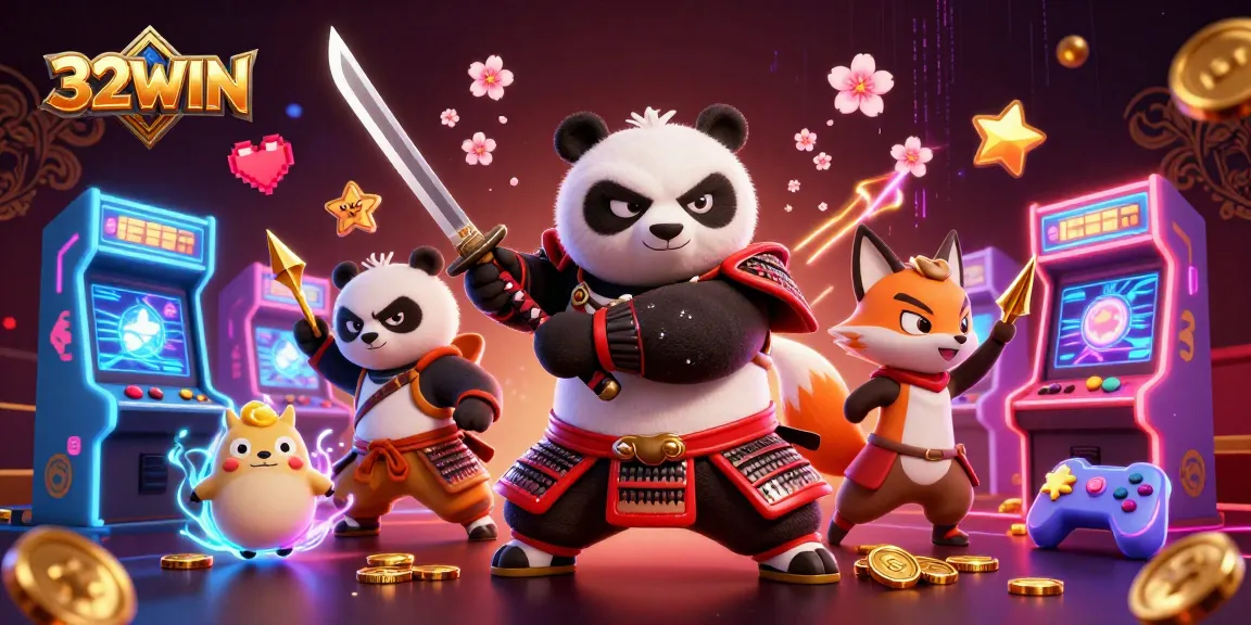Engage with 32WIN's vibrant casino scene featuring samurai panda and ninja fox in thrilling action.
