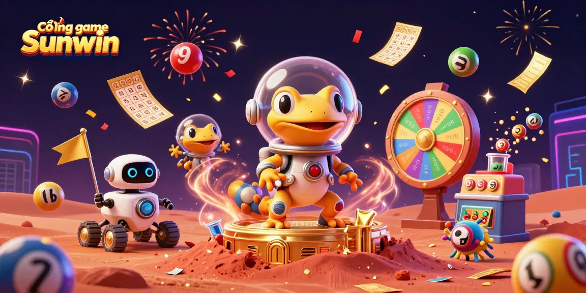 Cổng game Sunwin brings excitement with a Martian gecko discovering a casino, amidst vibrant game elements.