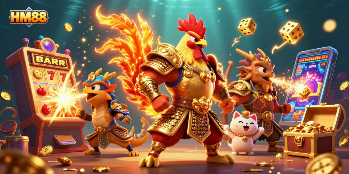 Engage with HM88's vibrant casino action featuring a roaring rooster warrior amidst golden jackpots.
